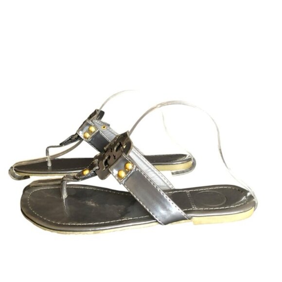Tory Burch Miller Sandals Gunmetal Leather Thong Size 7 Metallic - Picture 9 of 15